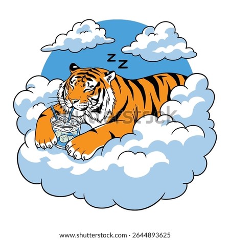 Cartoon tiger resting on a cloud, holding a drink with ice.