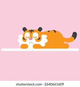 Cartoon tiger resting, sleeping, relaxing, pink background.