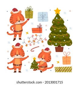 A cartoon tiger in a Santa hat in different poses and New Year's attributes. Cute tiger cub dresses up the Christmas tree, gives gifts. The symbol of the year 2022. Vector set on a white background.