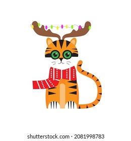 Cartoon tiger with a scarf and horns. Symbol of the New 2022. Vector illustration.