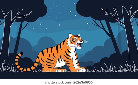 A cartoon tiger sits in a forest at night under a starry sky. The scene is stylized with simple shapes and a limited color palette.
