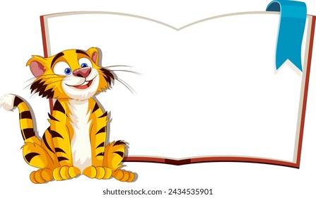 Cartoon tiger sitting beside a large blank book.