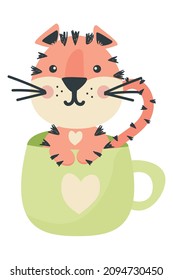 Cartoon Tiger is sitting in a Cup of coffee.  Funny postcard with animal symbol of the year. Flat vector illustration.