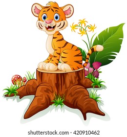 Cartoon tiger sitting on tree stump
