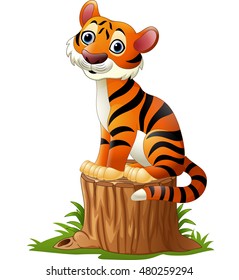 Cartoon tiger sitting on tree stump