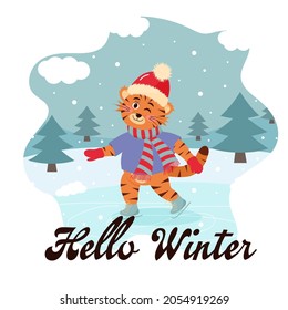 Cartoon tiger is skating in hat and scarf. Winter landscape. Hello winter greeting card. The symbol of the year.