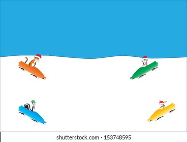 A  Cartoon Tiger Skunk Dalmatian Puppy and Rabbit sledge in the snoe