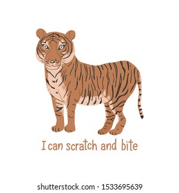 Cartoon tiger with slogan I can scratch and bite. Childish tee shirt design.