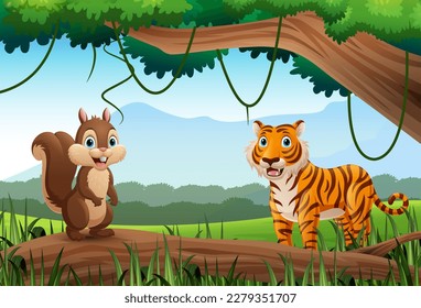 Cartoon tiger and squirrel in the jungle