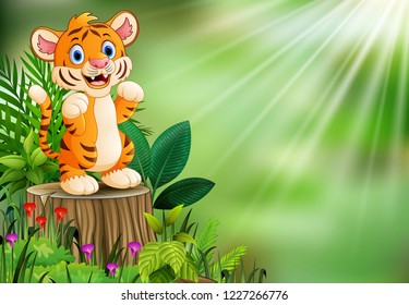 Cartoon of tiger standing on tree stump with green leaves and flowering plant