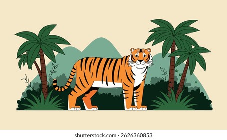A cartoon tiger stands amidst lush jungle foliage and palm trees, set against a backdrop of rolling green hills.
