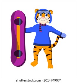cartoon tiger stands with a snowboard, vector isolated on a white background.