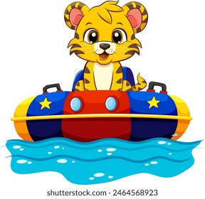 Cartoon tiger steering a vibrant bumper boat