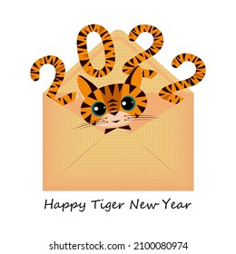 Tigre de caricatura y números rayados en un sobre. Símbolo divertido del Año Nuevo Chino Feliz 2022. Vector.
