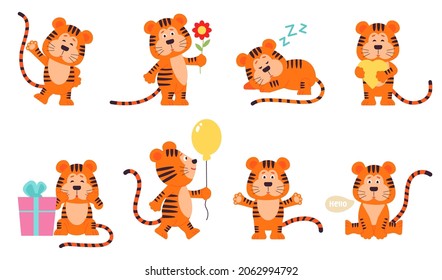 Cartoon tiger. Striping red little tigers, funny children wild characters. Isolated new year emblem celebration, funny animal wit balloon decent vector set