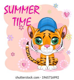 Cartoon tiger in summer hat, Summer is coming. Vacation, sea, rest. Children's stylistics, cute. Symbol of 2022 New Year