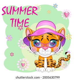 Cartoon tiger in summer hat, Summer is coming. Vacation, sea, rest. Children's stylistics, cute. Symbol of 2022 New Year