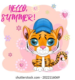 Cartoon tiger in summer hat, Summer is coming. Vacation, sea, rest. Children's stylistics, cute. Symbol of 2022 New Year