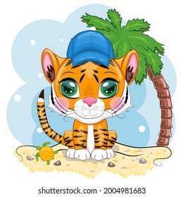 Tigre de caricatura en un sombrero de verano en la playa con una palmera y una tortuga. Vacaciones, mar, descanso. Estilo de los niños, cariño. Símbolo del Año Nuevo 2022