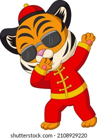 Cartoon tiger in sunglasses dabbing