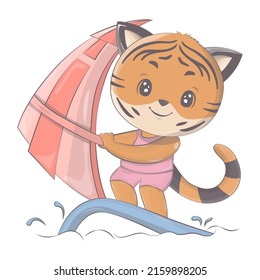 Cartoon tiger surfer. Vector illustration of a cute athlete animal. Cute little illustration of tiger for kids, baby book, fairy tales, covers, baby shower invitation, textile t-shirt.