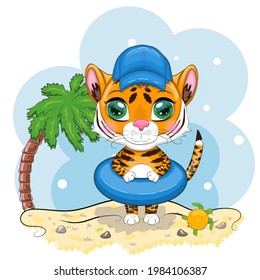 Cartoon tiger with a swimming circle in a summer hat on the beach with a palm tree and a turtle. Vacation, sea, rest. Children's style, sweetheart. Symbol of the New Year 2022