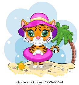 Cartoon tiger with a swimming circle in a summer hat on the beach with a palm tree and a turtle. Vacation, sea, rest. Children's style, sweetheart. Symbol of the New Year 2022