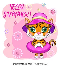 Cartoon tiger with swimming circle in summer hat, Summer is coming. Vacation, sea, rest. Children's stylistics, cute. Symbol of 2022 New Year
