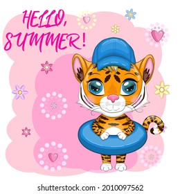 Cartoon tiger with swimming circle in summer hat, Summer is coming. Vacation, sea, rest. Children's stylistics, cute. Symbol of 2022 New Year