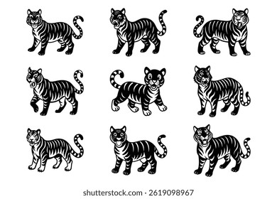 Cartoon Tiger Vector Set Bundle Group Of Black And White Illustrations