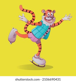 Cartoon tiger in vest and shorts on skates. Symbol 2022 according to the Chinese calendar