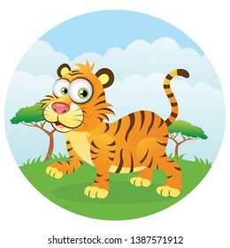 Cartoon Tiger Walking In Jungle Grassland