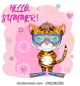 Cartoon tiger wearing goggles and swimming flippers, Summer is coming. Vacation, sea, rest. Children's stylistics, cute. Symbol of 2022 New Year