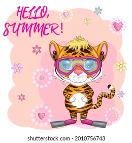 Cartoon tiger wearing goggles and swimming flippers, Summer is coming. Vacation, sea, rest. Children's stylistics, cute. Symbol of 2022 New Year