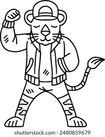 A cartoon tiger is wearing a jacket and hat and is standing up with his arms raised. He looks like he is dancing or doing a workout