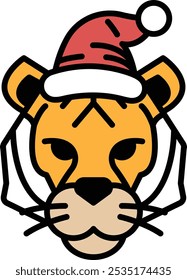 A cartoon tiger is wearing a red Santa hat. The hat is on top of the tiger's head, and it looks like it's a festive and fun design