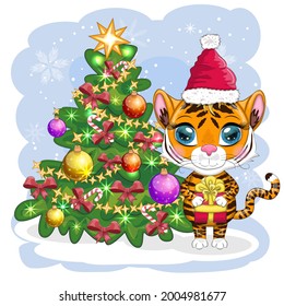 Cartoon tiger wearing a santa hat holding a gift by the christmas tree. Children's style, sweetheart. Symbol of the year 2022. Greeting card