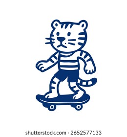 A cartoon tiger wearing striped shorts is riding a skateboard