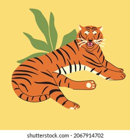 Cartoon tiger. A wild animal of the feline family, hand-drawn. A colorful growling symbol of the year.  Vector illustration on a yellow isolated background. An element for your design.