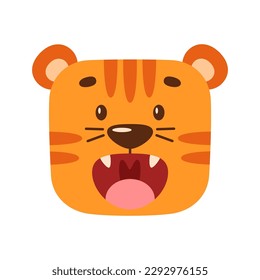 A cartoon tiger yawns. Kawaii illustration of wild animal face. Simple clipart for children's design