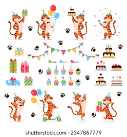 Cartoon Tiger Geburtstag auf weißem Hintergrund. Tierzeichen in Partyhüten. Feine, schöne, flache Wildkatzen mit Geschenkpfeifen. Lächelnde orangefarbene, gestreifte Feline, Vektorgrafik.