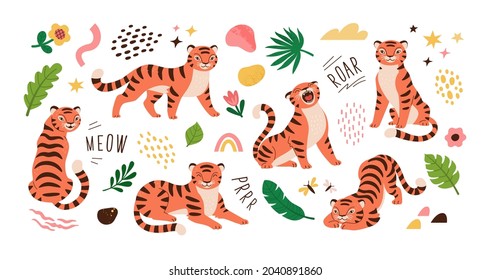 Cartoon tigers collection. Vector illustration of cute red tigers in different actions, surrounded by abstract shapes, plant leaves and flowers. Isolated on white