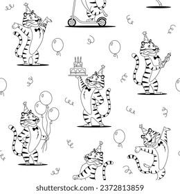 Cartoon tigers in party hat seamless pattern. Black and white outline cute wild cat print for kids decoration design. Coloring page wrapping paper textile repeat tile. Creative vector illustration