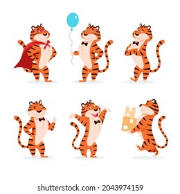 Cartoon tigers set. Holiday characters for New Year 2022. Adorable flat Chinese symbol. Smiling orange striped wildcat with balloon, superhero, parcel, ok hand gesture. Xmas animal vector illustration