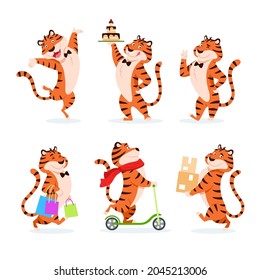 Tigres de dibujos animados. Caracteres de festividad para el símbolo plano adorable de Año Nuevo. Sonriente gato salvaje a rayas anaranjadas con pastel, bolso de compra, paquete, gesto de la buena mano, patear la moto. Ilustración del vector de animales de Xmas