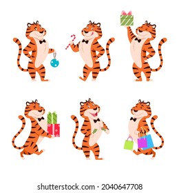 Cartoon tigers set. Holiday standing characters for New Year 2022. Adorable flat Chinese symbol. Smiling orange striped wildcat with present, Christmas cracker, candy. Xmas animal vector illustration.