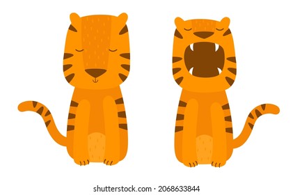 Cartoon tigers vector illustration isolated on white background. Flat cute tiger open mouth roar. Cartoon animals in trendy scandinavian style.