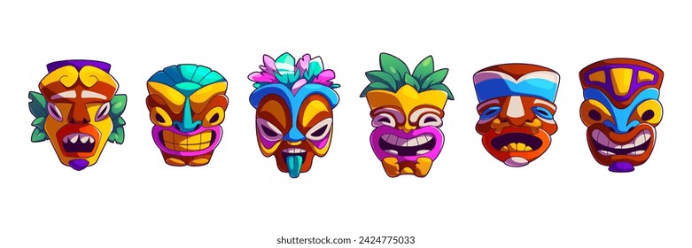 Cartoon tiki mask collection. Hawaiian tribal totem head decorated with leaves and feathers. Vector illustration set of african or polynesian traditional wooden face. Ancient culture ritual element.