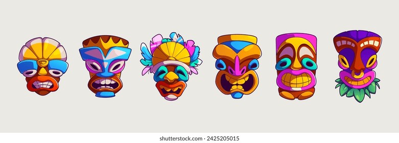 Cartoon tiki mask collection. Hawaiian tribal totem head decorated with leaves and feathers. Vector illustration set of african or polynesian traditional wooden face. Ancient culture ritual element.