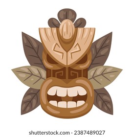 Cartoon tiki mask. Wooden ceremonial tribal ritual african or hawaiian mask. Ethnic tiki totem flat vector illustration